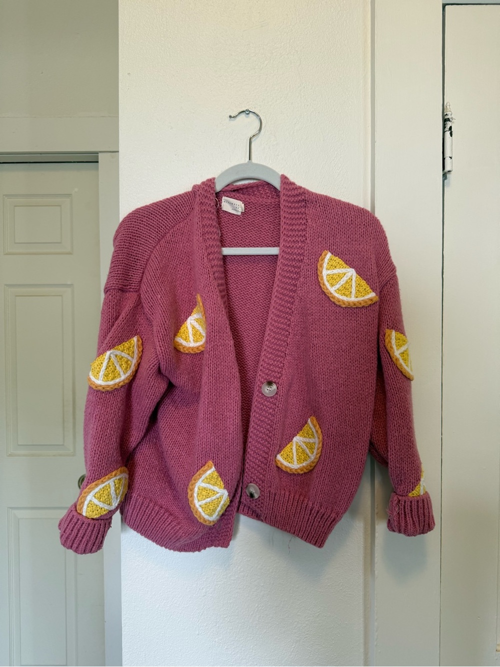 Women's Pink Lemon Applique Cardigan Sweater